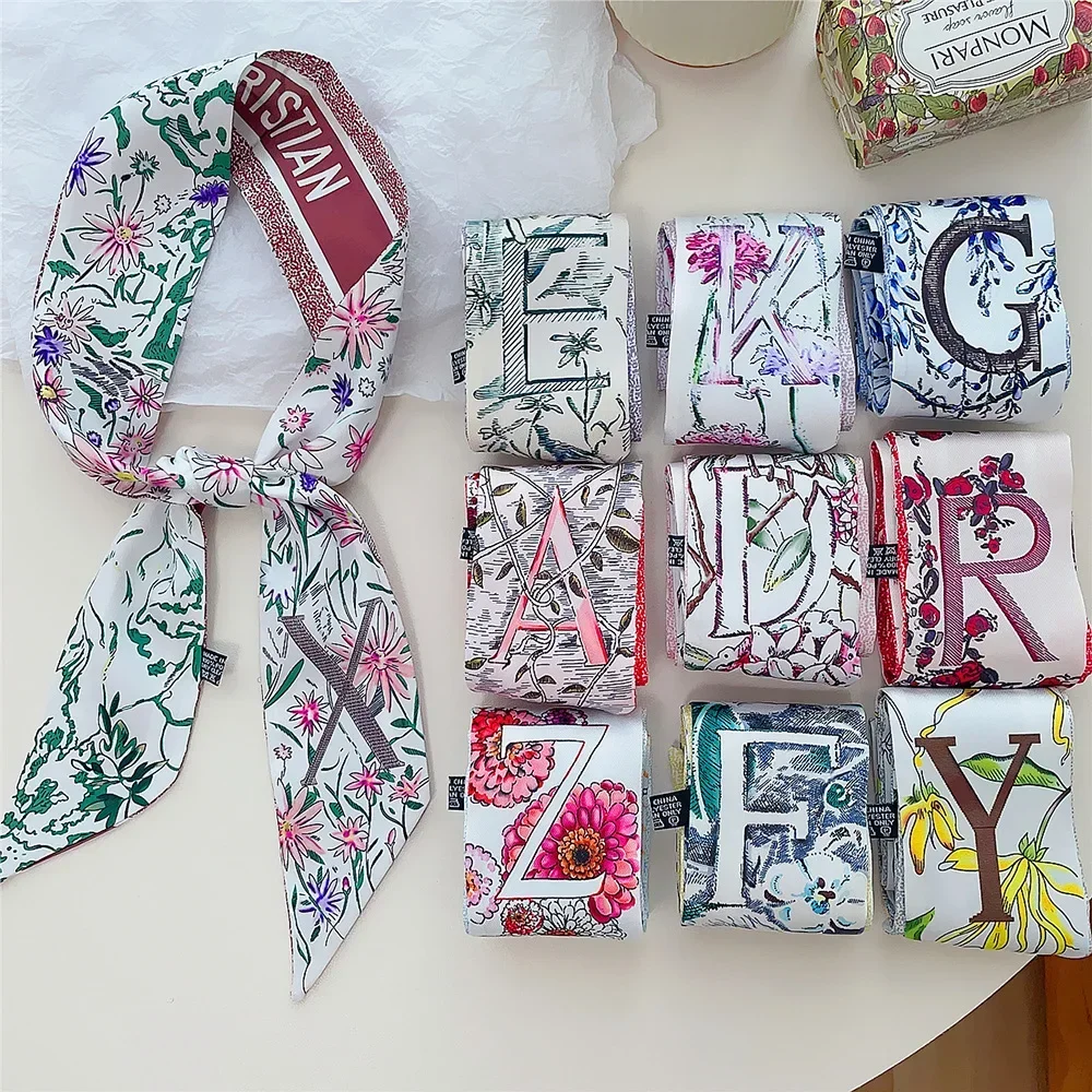 Popular Letter Print Long Scarf for Women Narrow Ribbon Headband Female Neckerchief Handle Bag Band Bandana Hair Tie Accessories