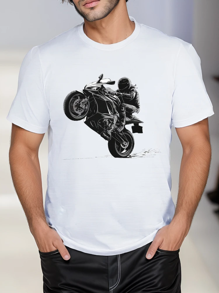 

Men's motorcycle printed T-shirt-100% cotton round neck casual summer T-shirt, geometric pattern knitted fabric.