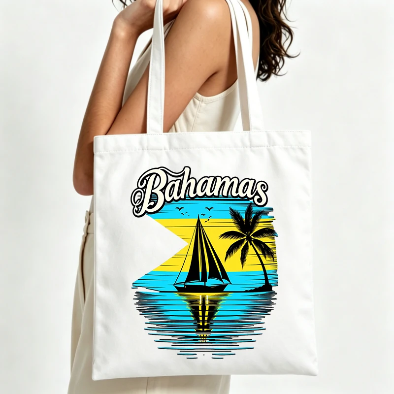 Bahamas sailboat and palm tree print canvas tote bag, retro graphic for summer beach outings and casual shopping