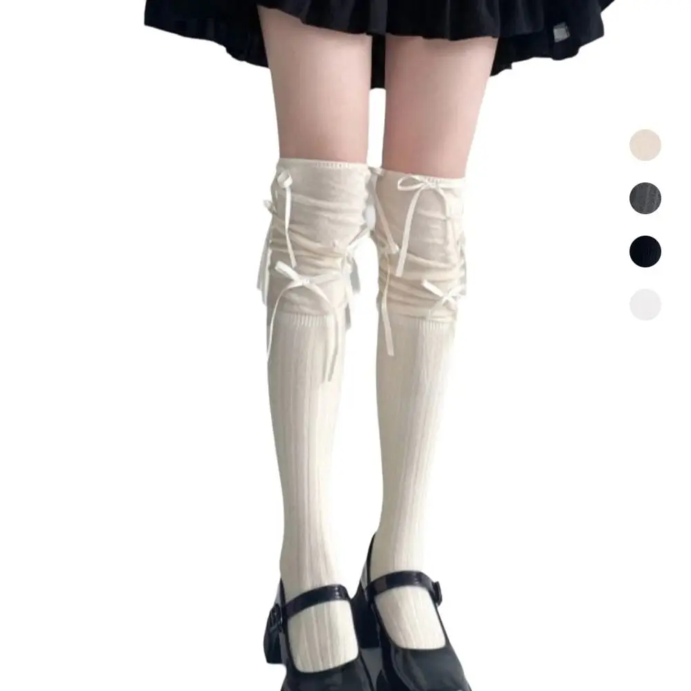 1Pair Y2K Cotton Knee-high Socks Bow Solid Color Calf Socks Odor-resistant Sweat-absorbent Foot Warmers Fall Winter