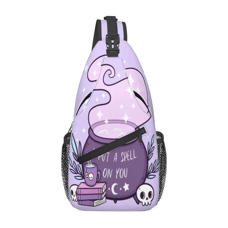 

Custom Witch Cauldron Sling Chest Bag Cool Halloween Occult Gothic Skull Shoulder Crossbody Backpack for Men Traveling Daypack
