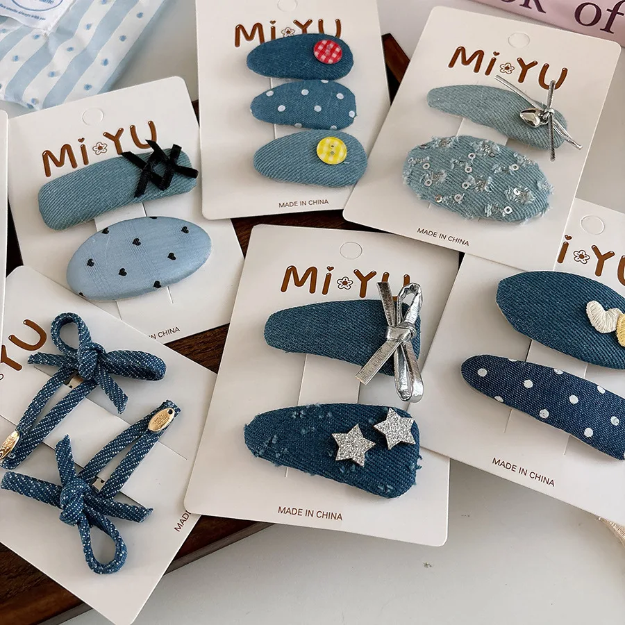 

2/3pc New Jeans Fabric Bow Baby Hair Clips Star Heart Bow Hairpin Kids Dot Prints Hairpin Denim Blue BB Barrettes Girls Headwear