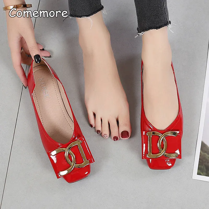 Comemore 2023 Ballerina Ladies Slip-on Shoes Women Spring Fashion Ballet Flats Square Toe Patent Leather Shoe Loafers Women Red