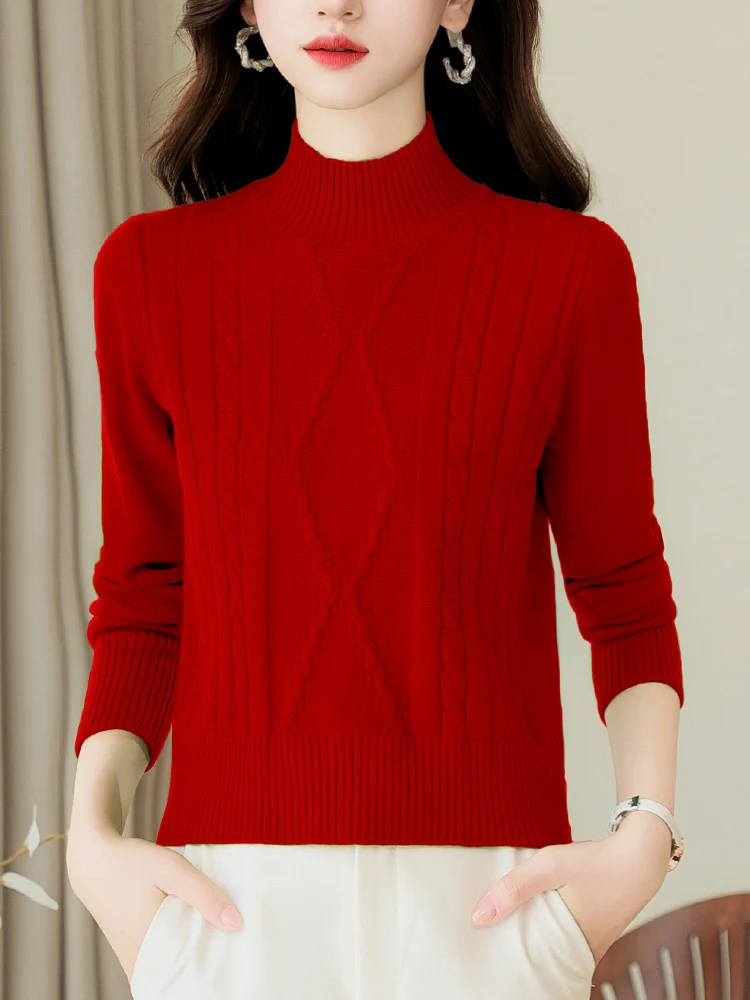 Damski sweter z wysokim kołnierzem, dzianinowy, jako warstwa bazowa, odzież wewnętrzna, modny, jesienno-zimowy, luźny krój, długi rękaw.