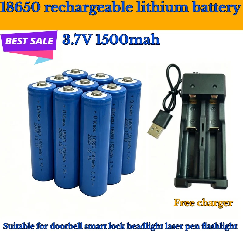 

New 18650 rechargeable lithium battery 3.7V 1500mah free charger suitable for doorbell smart lock headlight laser pen flashlight