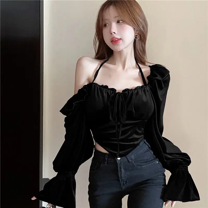 Blouses Women Autumn Slash Neck Slim Fit Hot Ladies Tender Korean Style Flare Sleeve Crop Tops All-match Folds New Chic Simple