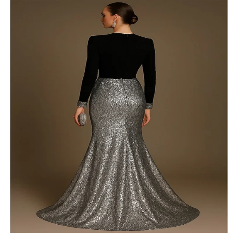Black Mermaid / Trumpet Evening Gown Elegant Dress Formal Wedding Floor Length Half Sleeve V Neck Sequined with Glitter 2025