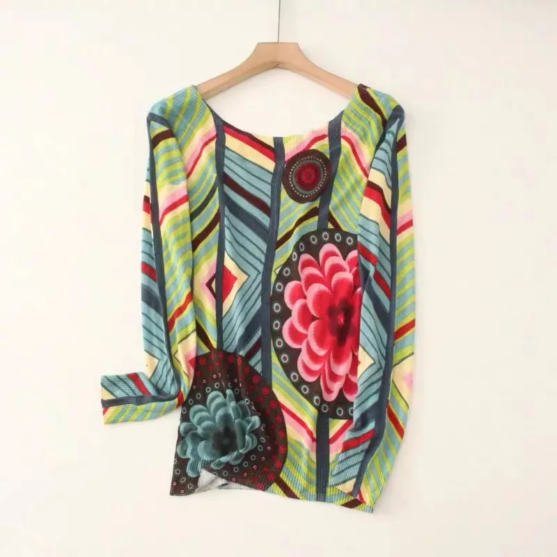 

Foreign trade Spain original single D new women's knitwear print loose thin V-neck casual bottom shirt