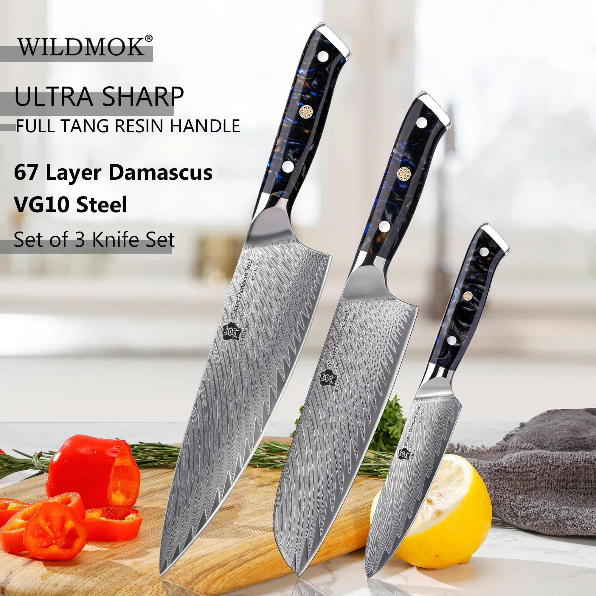 

WILDMOK 67 Layer Damascus VG10 Steel Chef Knife Set of 3 PCS, Professional Sharp Damascus Kitchen Knives with Resin Handle