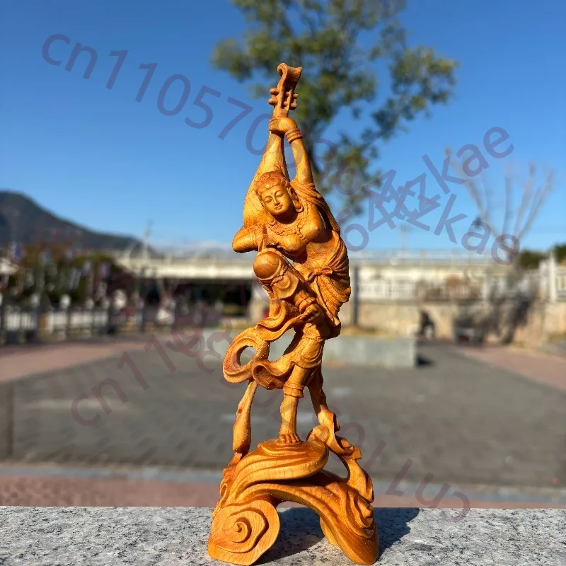 

Hand-Carved Premium Boxwood Dunhuang Flying Lady Statue - 7.9" Traditional Pipa Goddess Figurine for Zen Home Decor Collection