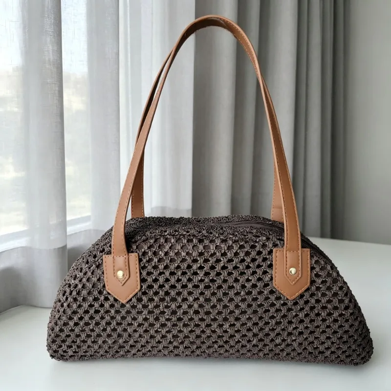 

French-style Retro Large-capacity Handmade Paper Woven Boston Bag Suitable for Daily Commutes and Vacations, Single-shoulder Bag