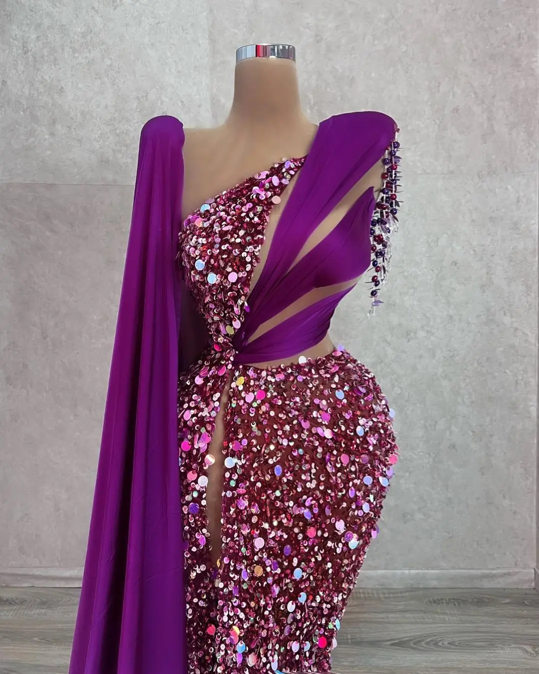 Stylish Purple Evening Dresses Sequins Beading Tassels Prom Gowns Custom Made One Shoulder Side Split Party Dresses