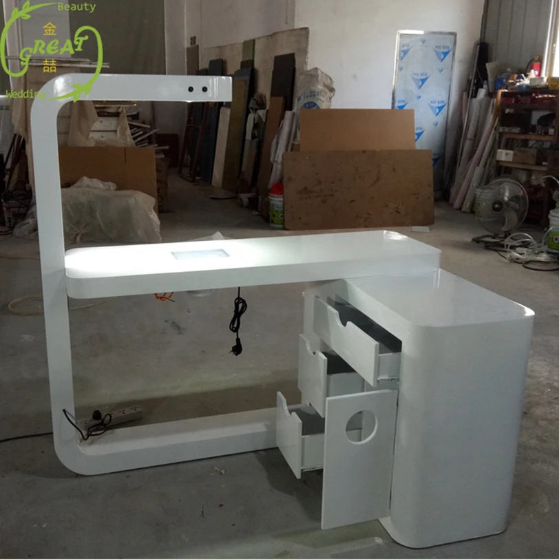 Modern Wooden Corner L Shaped Nail Table Beauty Equipment White Manicure Table With Nail Dust Collector and Light