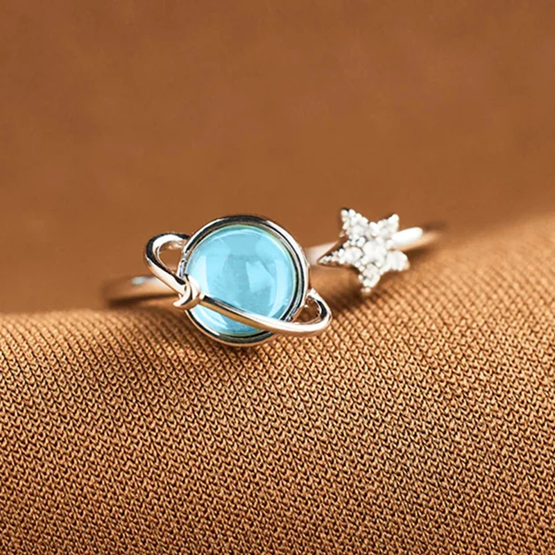 Huretailers-Bague planète bleue et étoile en argent pour femme, design unique, anneaux d'ouverture créatifs, paupières, bijoux de fête mignons, cadeau