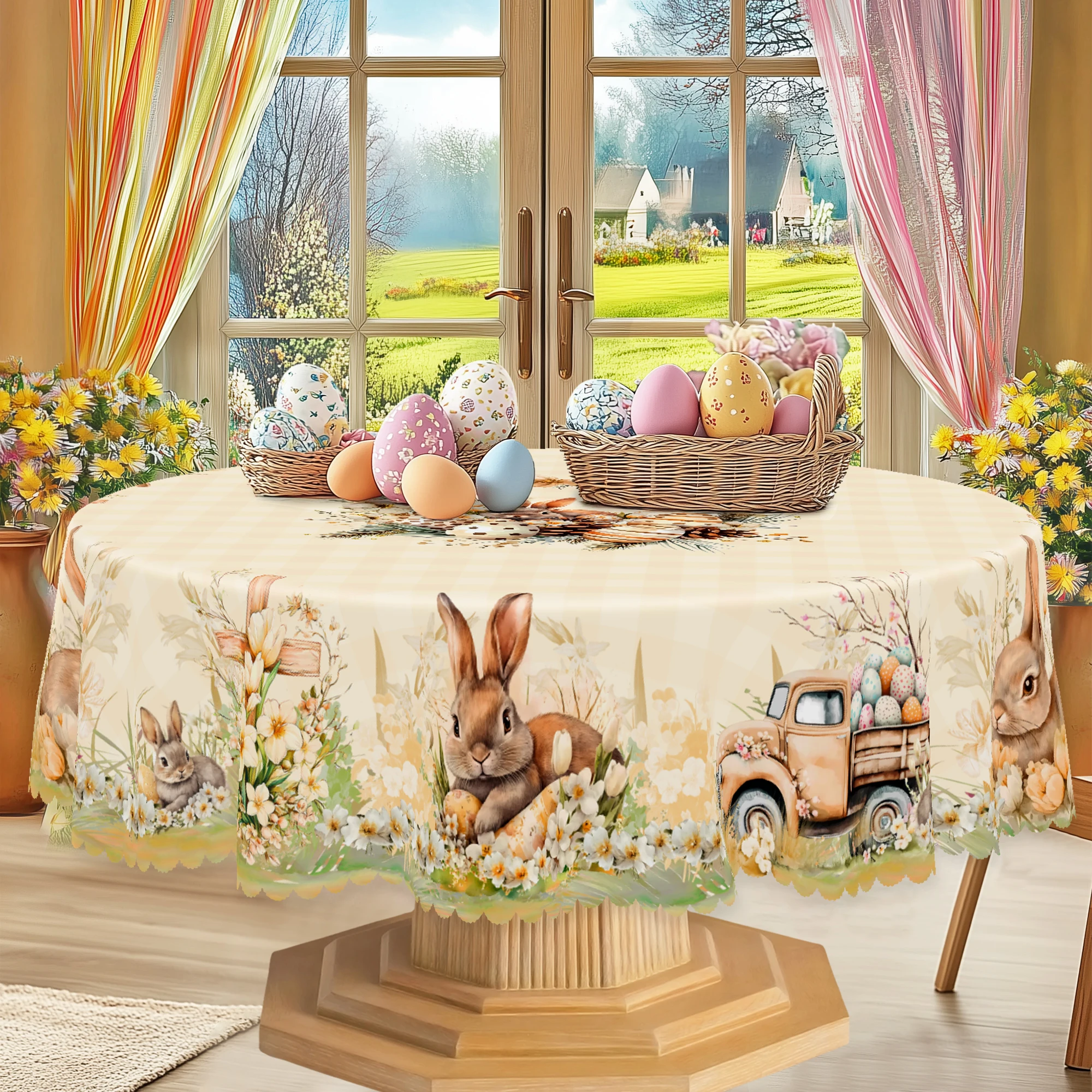 Runde Tischdecke mit 1 Osterfrühlings-Motiv, 5 Größen erhältlich, bedruckte Tischdecke mit Kreuz-Kaninchen-Ei-Muster, Kantenprägeverfahren, Frühlingsgarten-Tischdeckendekoration, Tischdecke für die
