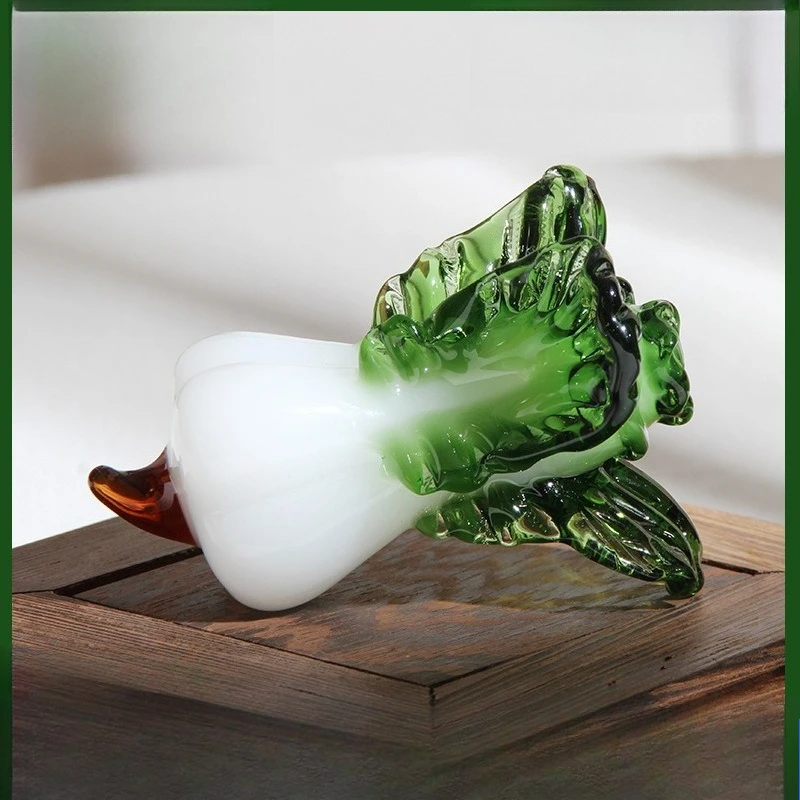Glass Mini Cabbage Ornament, Hand Blown Crystal Cabbage Figurine, Prosperity Feng Shui Desk Decor for Home Office, Creative Gift
