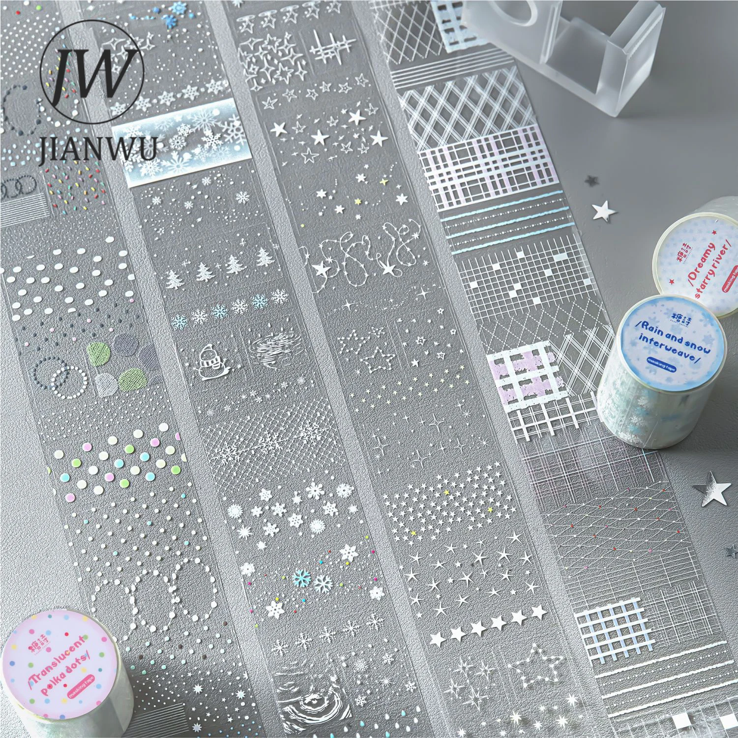 

JIANWU Transparent World Series Vintage Snowflake Star Dot Landscape Material Collage PET Tape Creative DIY Journal Stationery