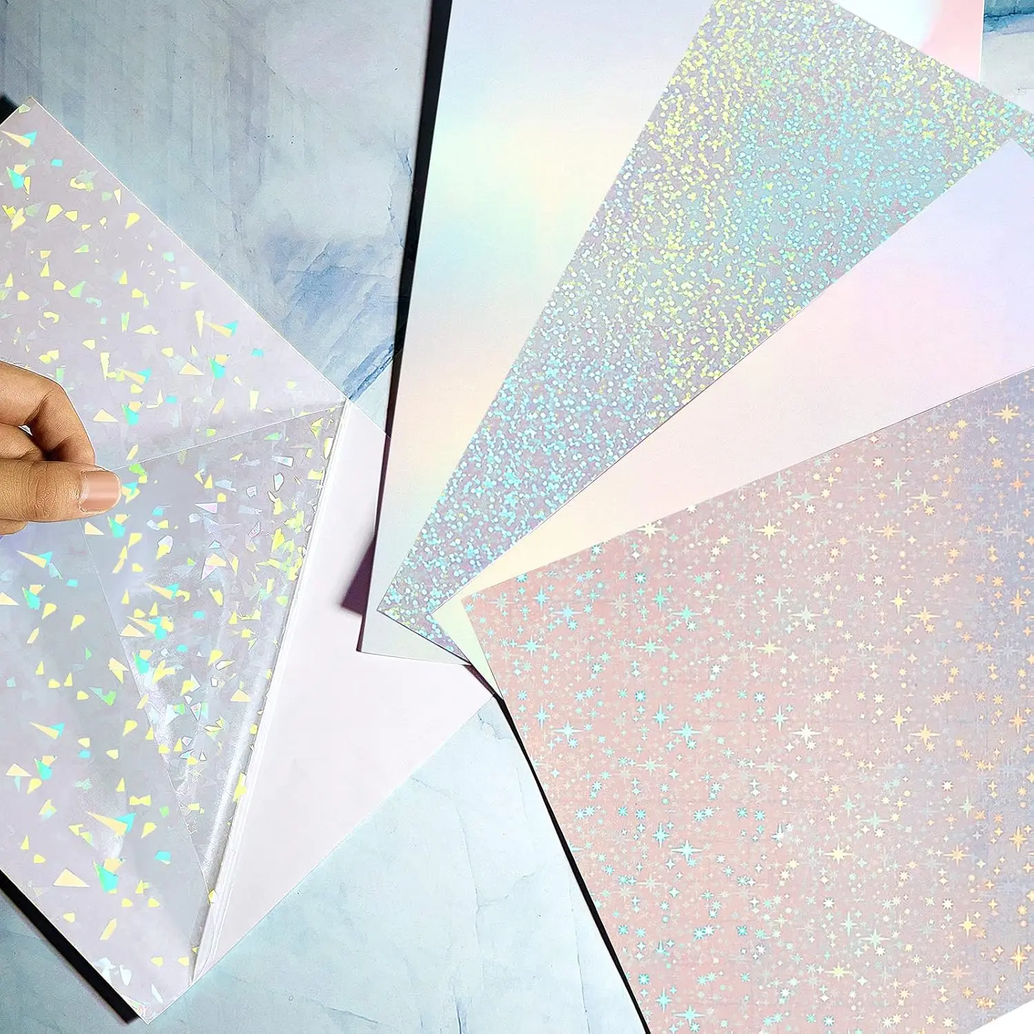 50 Sheets - 6 Style Holographic Sticker Paper - 2.9 x 4.1 Inch Overlay Cold Laminating Film Self Adhesive Vinyl Sheet