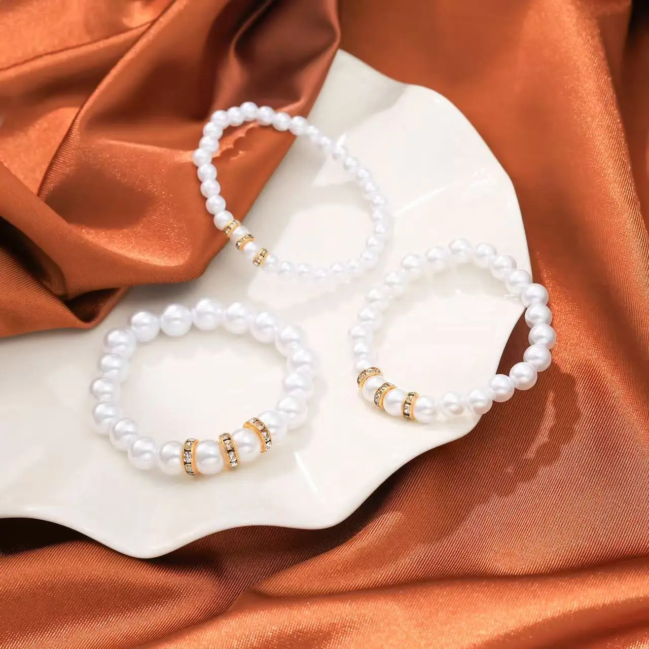 Boho Sweet Round Imitation Pearl Elastic Thread String Bracelet 2025 Multi Layer Crystal Tile Set Girl Fashion Birthday Jewelry