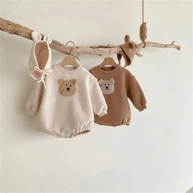 

Infant Cartoon Bear Fleece Romper Baby Boy Girl Winter Simple Casual Cute Triangle