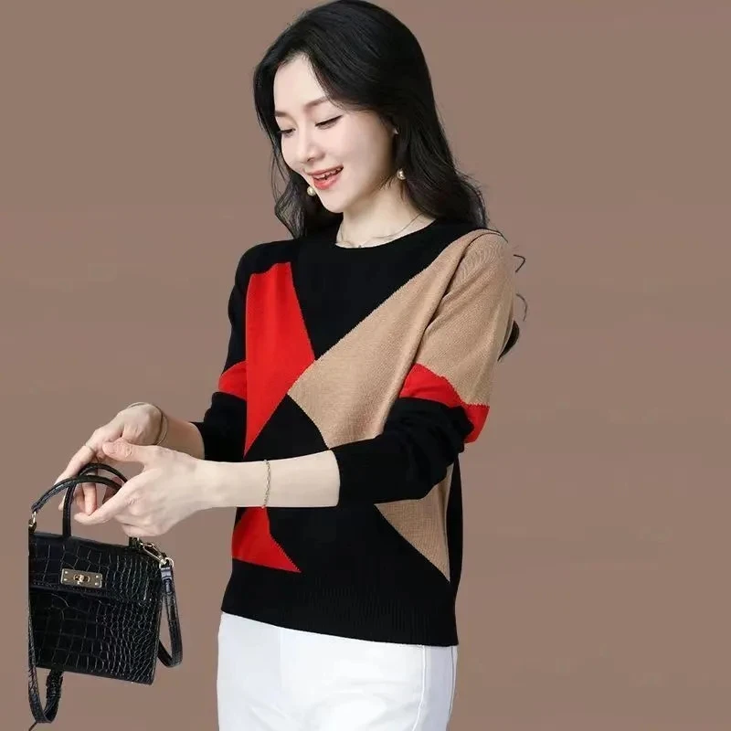 Elegant Fashion O-Neck Splicing Contrast Colors Knitted Pullovers for Women 2023 New Long Sweaters Sleeve Top Women\'s Clothing