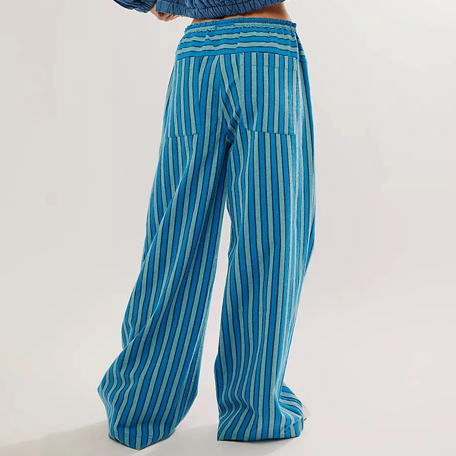 Frauen Baggy Pants lässig Kordel zug Taille weites Bein gestreifte Hose mehrere Taschen Hosen Mode Streetwear