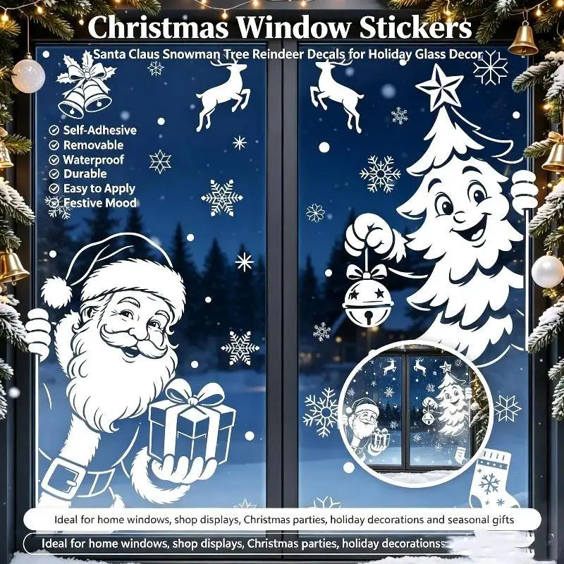 2PCS/Set Removable Christmas Window Stickers Winter Snowman Santa Claus Snowflake Reindeer Static Electricity Stickers