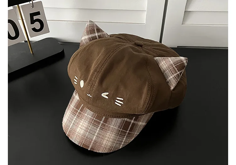 Niedliche Katzenohren Newsboy-Mütze für Damen, Alltags-Casual Baker Boy Cap, Street Snap, Kawaii Katzen-Gesichts-Stickerei, süße Mädchen-Karo-Krempe, Reisemütze – Detail 10