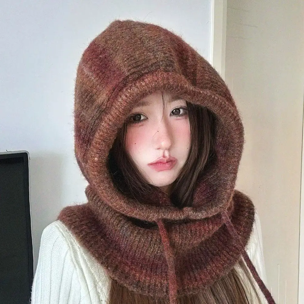 النساء الشتاء الخريف الدافئة بالاكلافا قبعة الكورية INS التعادل صبغ محبوك قبعة قطعة واحدة وشاح موضة شريط Preppy نمط بالاكلافا قبعة #1