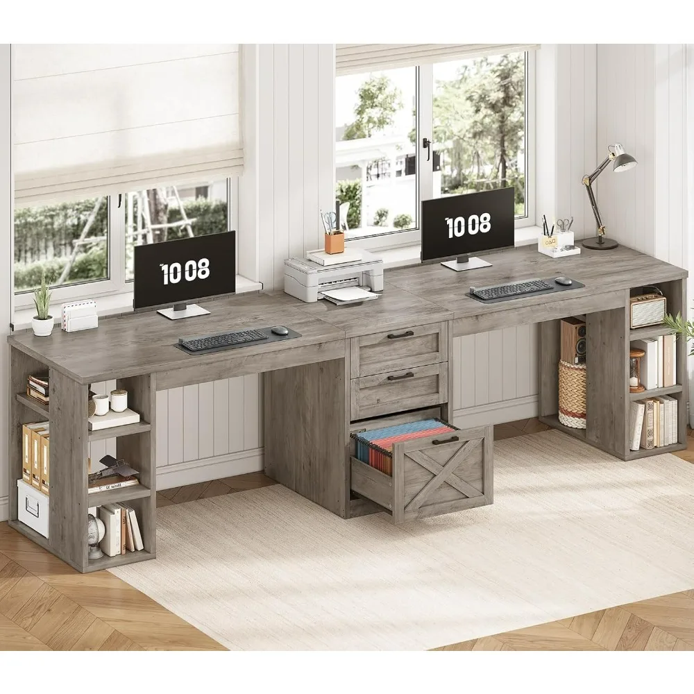 

Farmhouse 96.5" Computer Desk with Drawers, 2 Person Home Office Desk, Gaming Double Desk with Storage Shelves, Long Two Person