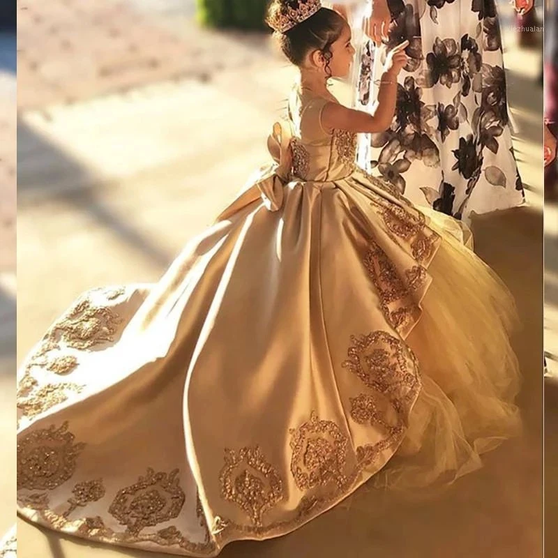 Vestidos de niña de flores para bodas, niños pequeños, Apliques de encaje dorado, vestido de desfile de princesa, vestidos de noche de fiesta de satén con lazo