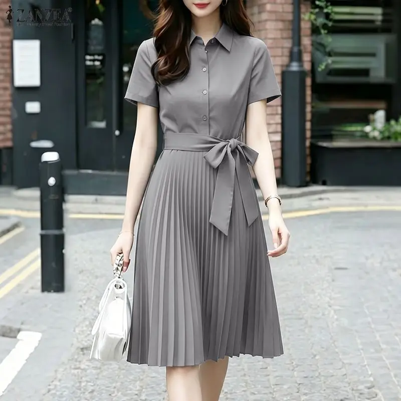 ZANZEA Elegant Lapel Neck Short Sleeve Pleated Sundress Women Summer Dress Fashion A Line OL Work Dresses Solid Belted Midi Robe