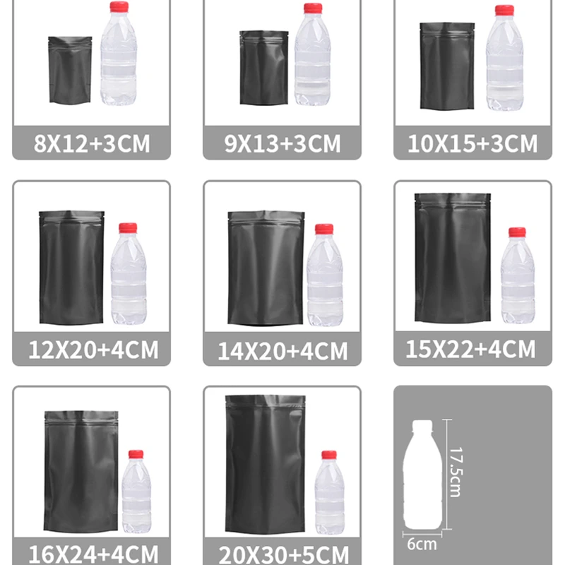 Sacs d\'emballage alimentaire à fermeture éclair, pocommuniste réutilisables, stockage de thé, bonbons, haricots, debout, scellé, noir, 256, 100