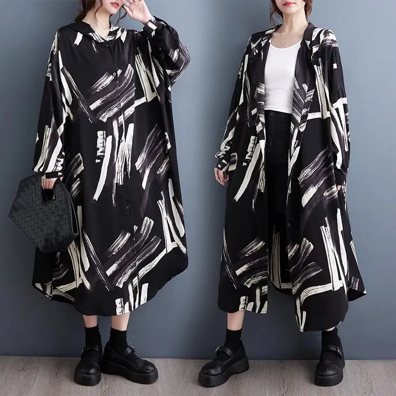 

Korean Autumn Hooded Dress 2023 Women's New Large Size Loose Slim Fashion Short Sleeve Printed Mid Length Shirt Dress Z2576