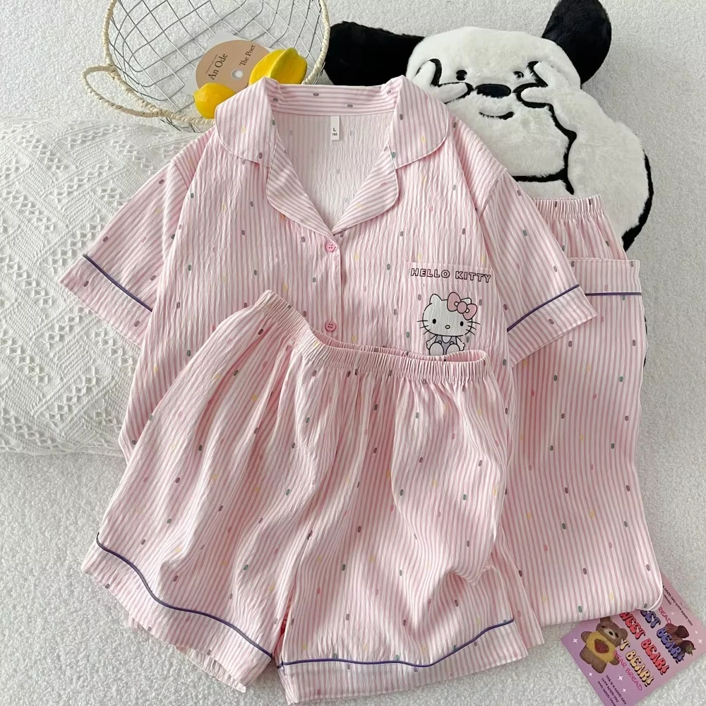 

3Pcs Anime Adorable Pink Hello Kitty Striped Pajama Set Sanrio Short Sleeve Shirt Comfy Shorts Long Pants Leisure Home Clothing