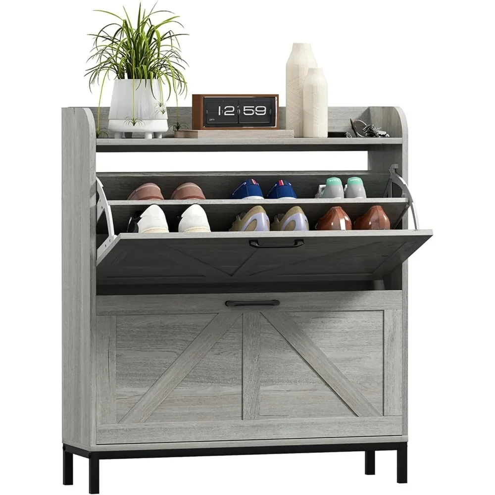 

Shoe Storage Cabinet with 2 Flip Drawers, Legs, Farmhouse Freestanding Narrow Shoe Cabinet, Slim Hidden Rack Organizer