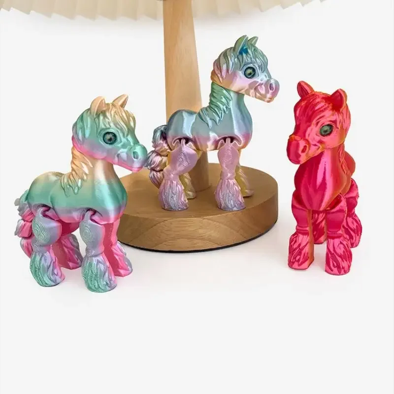 3d impresso brinquedo arco-íris cavalo simulado estátua bonito zodíaco cavalo conjunta cauda estatueta móvel decoração do escritório presente de ano novo