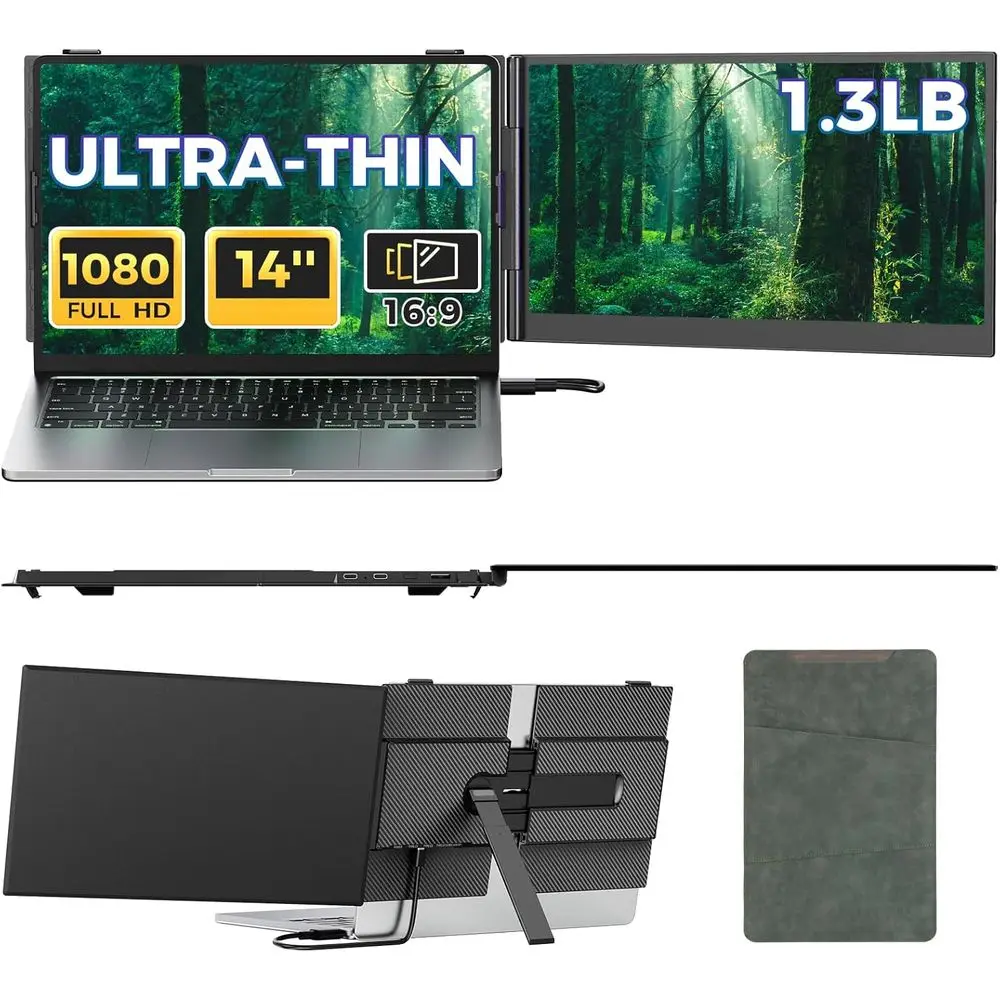 14 HD 1080P Portable Monitor, Ultra-Thin 0.17, 1.3lbs Lightweight, Plug & Play for 13-17.3 Laptops, Compatible with Windows, And