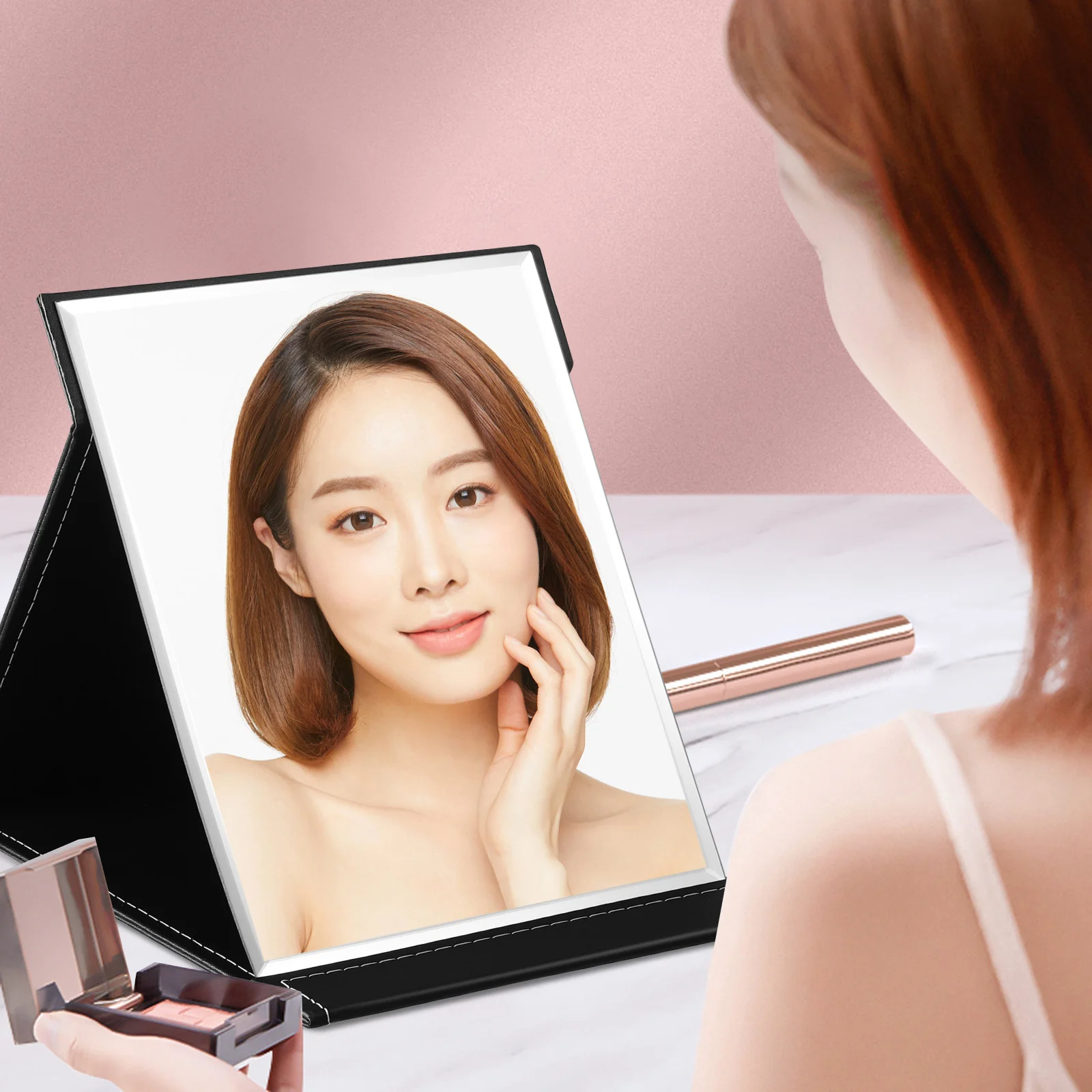 مرآة مكياج قابلة للطي، مرايا مستطيلة للسفر على سطح الطاولة، محمولة لخلع الملابس