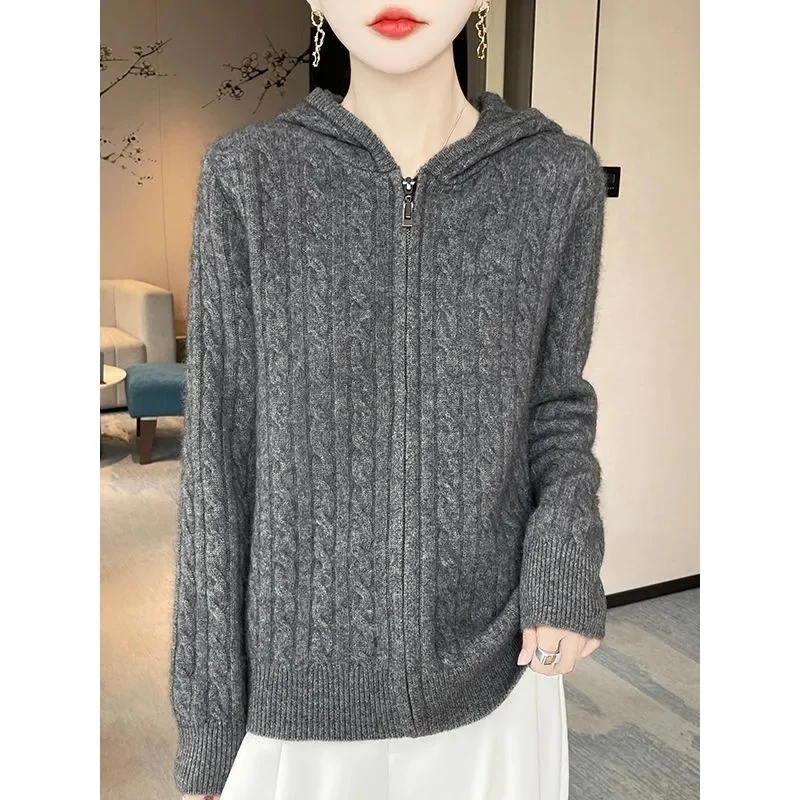 Hooded Cardigan Sweater Coat Women's Short New Autumn Winter 2026 Twist Zipper Knitwear Loose Cardigan Jacket Ladies Explosions