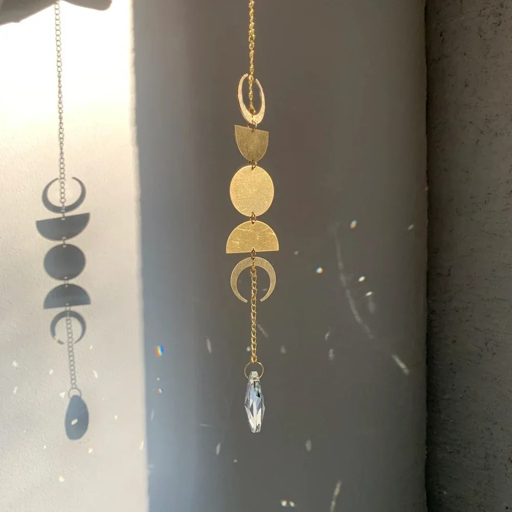 Hanging Crystal Sun Catcher Window Decor Sun Catching Ornament, Prism Ball Home Office,Sun Prism Brass Moon Phase Pendant Gifts