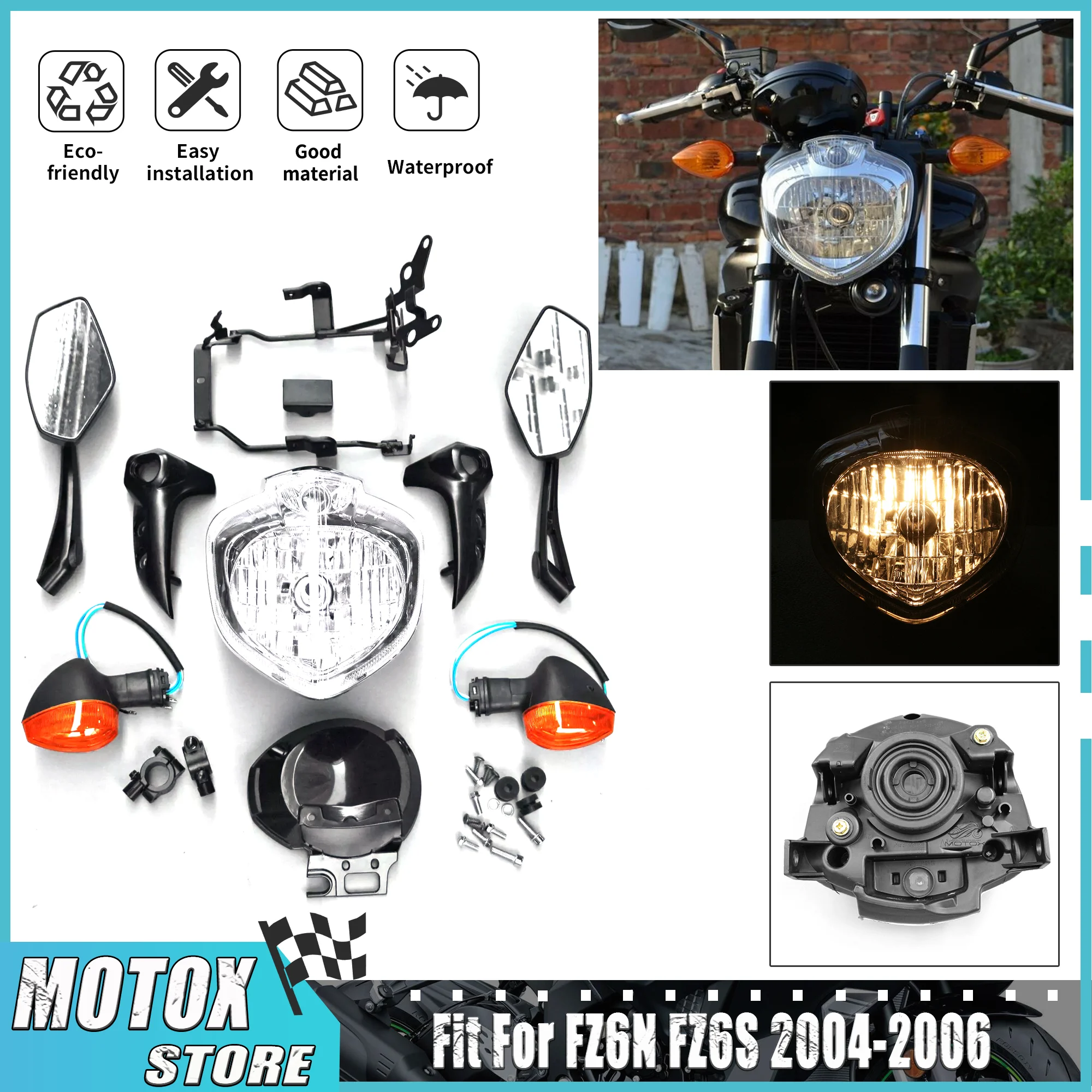 Ajuste apto para yamaha 2004 2005 2006 fz6 fz6s fz6n conjunto de farol da motocicleta cabeça conjunto luz sinal volta espelho