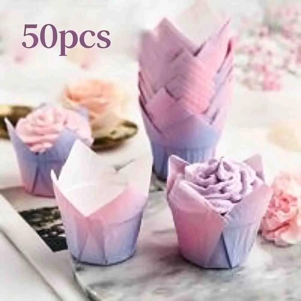 50Pcs Cupcake Liners Baking Paper Cups Tulip Shape Muffin Wrapper Gradient Greaseproof Cake Decorating Party Kitchen Tool
