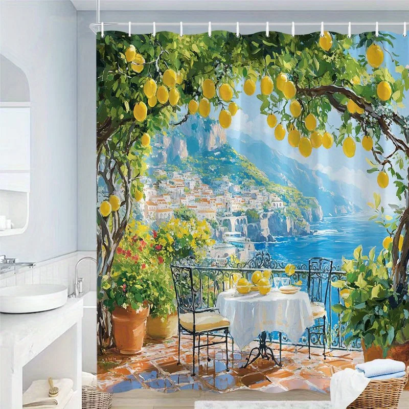Coastal Landscape Shower Curtain, Amalfi‑Style Seaside Terrace With Lush Lemon Trees, Decor Curtain to Brighten Bath Space