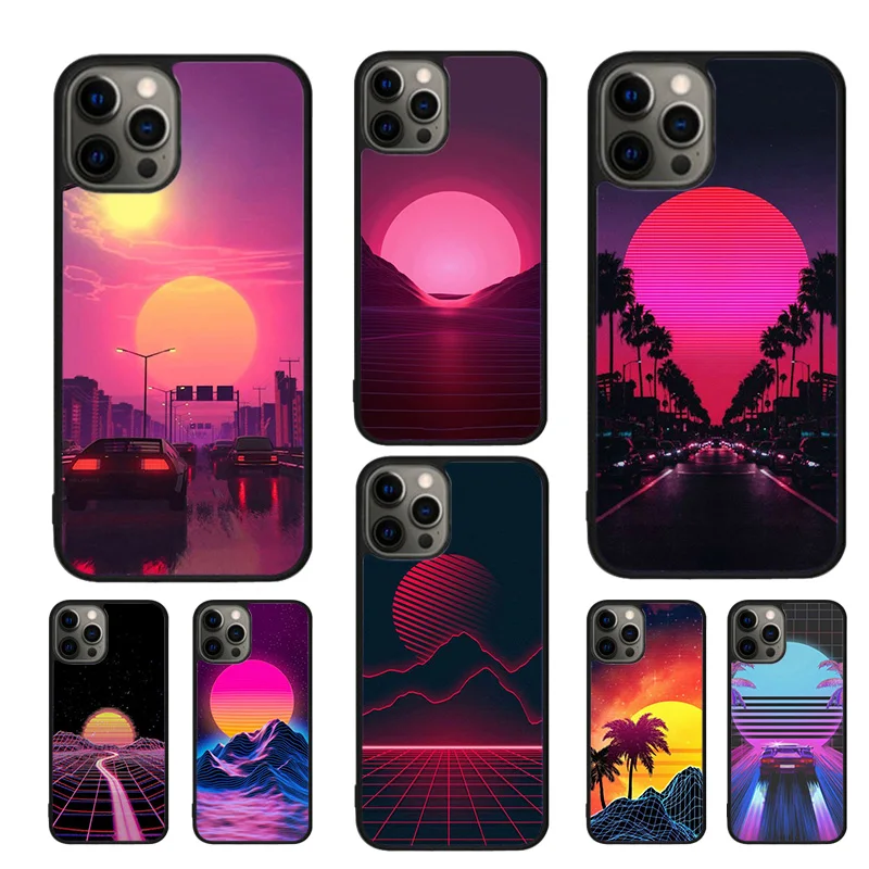 Synthwave Sun Neon 80's Phone Case For iPhone 16 15 14 11 12 13 mini Pro  XR XS MAX Plus coque Cover Shell