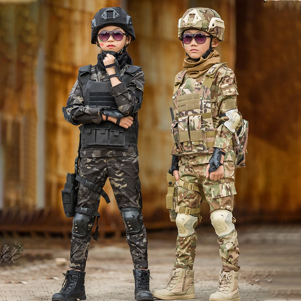 Kids Military Tactical Training Uniform Set Children Camouflage Top Pants Suit Boys Girls Special Forces Outdoor Combat Costume