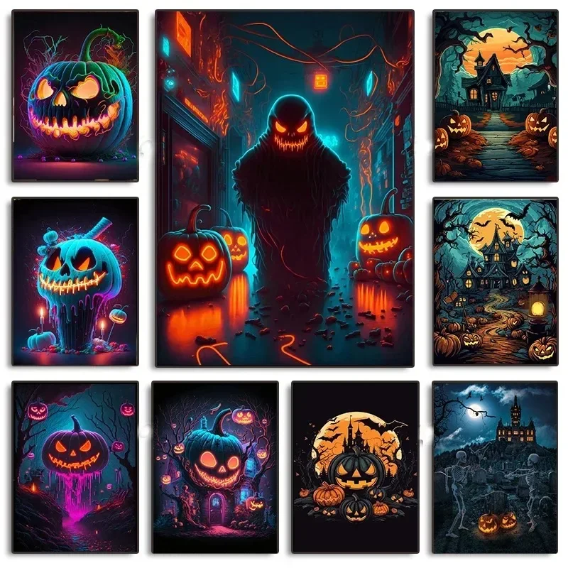 

Pumpkin House Pumpkin Candles Spooky Neon Halloween Wall Art Minimalist Print Canvas Painting Posters for Bedroom Home Decor