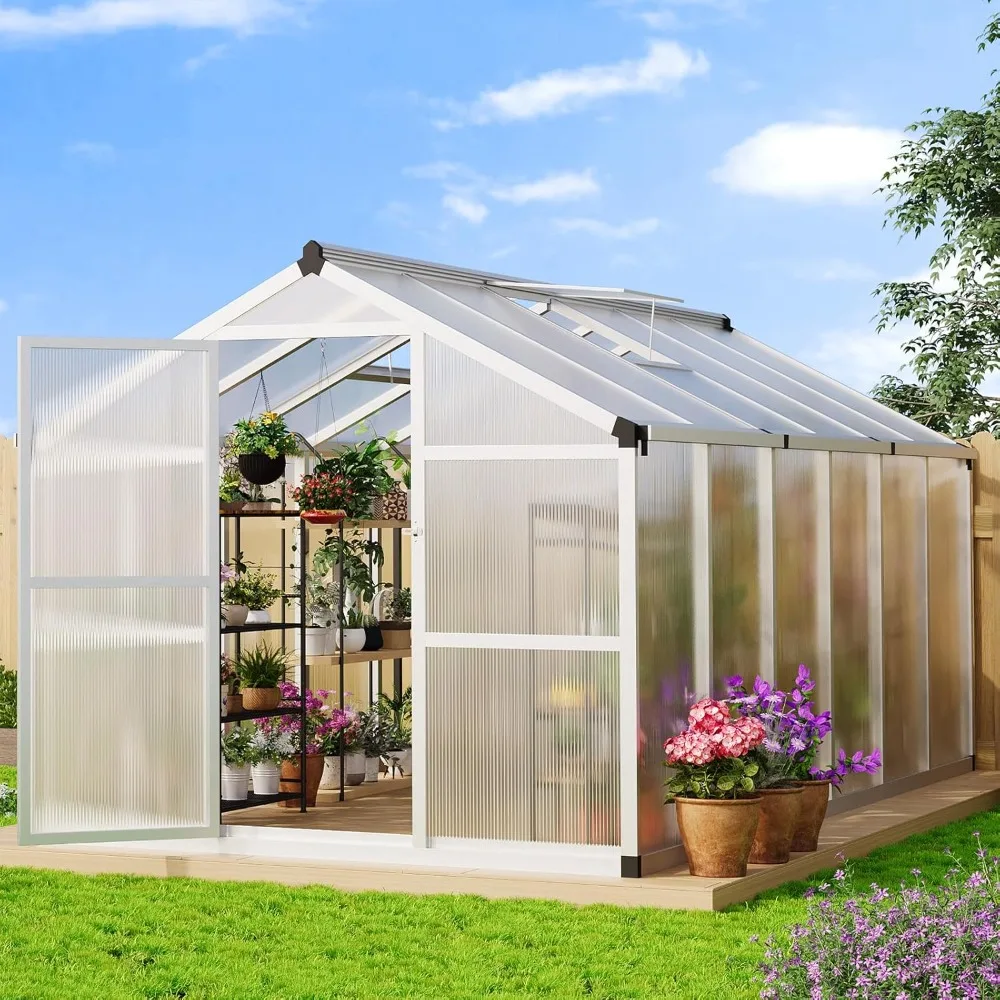 

8x12FT Greenhouses for Outdoors, Walk-in Greenhouse with Heavy Duty Aluminum Frame & PET Panels, Drainage System and Easy Assemb