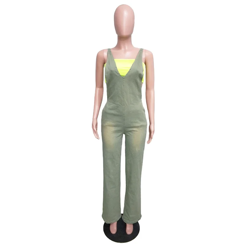 Slergiri 여성용 슬림 피트 신축성있는 워시 데님 전체 점프 슈트 streetwear 레트로 지퍼 백 포켓 올드 와이드 레그 점프 슈트