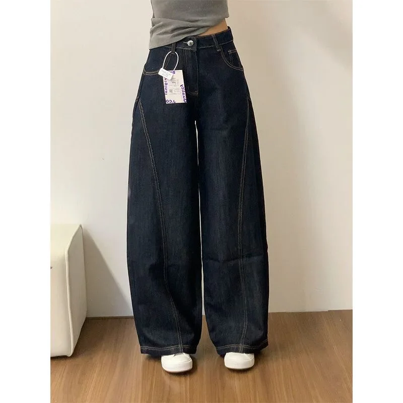 

Y2K Deep Blue Jeans Women American High Street Wide Leg Summer High Waisted Design Loose Curved Pants Trendy